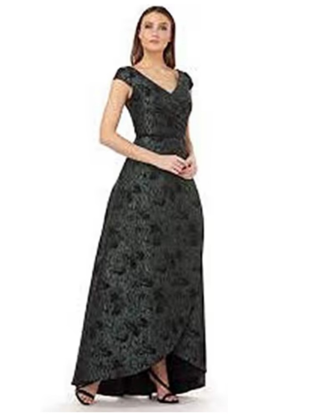 Carmen Marc Valvo formal jacquard floral  High-Low Gown V neck dark green blk 8